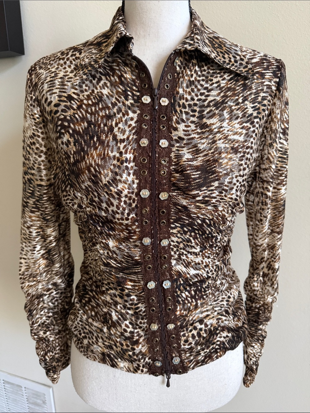 Alberto Makali Brown and Cream Leopard-Print Button Front Blouse
